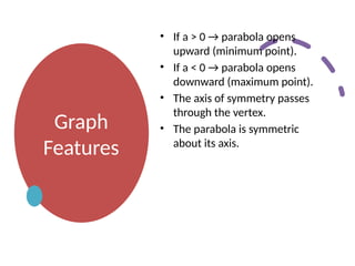 Graph
Features
• If a > 0 → parabola opens
upward (minimum point).
• If a < 0 → parabola opens
downward (maximum point).
• The axis of symmetry passes
through the vertex.
• The parabola is symmetric
about its axis.
 