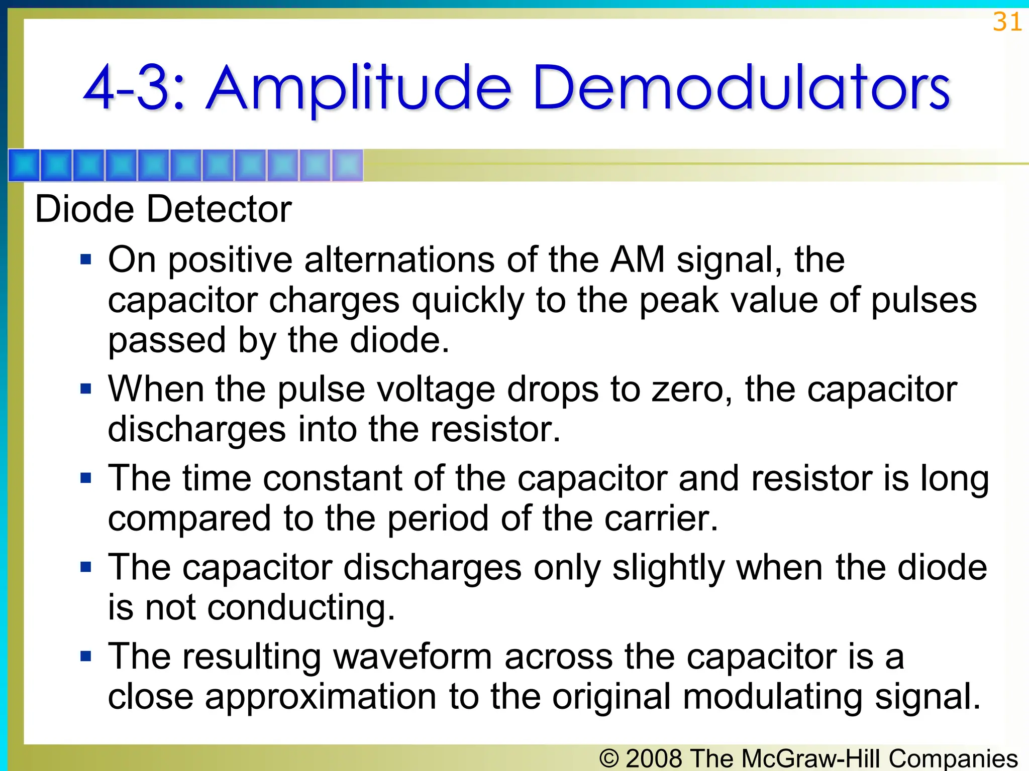 © 2008 The McGraw-Hill Companies
31
4-3: Amplitude Demodulators
Diode Detector
▪ On positive alternations of the AM signal, the
capacitor charges quickly to the peak value of pulses
passed by the diode.
▪ When the pulse voltage drops to zero, the capacitor
discharges into the resistor.
▪ The time constant of the capacitor and resistor is long
compared to the period of the carrier.
▪ The capacitor discharges only slightly when the diode
is not conducting.
▪ The resulting waveform across the capacitor is a
close approximation to the original modulating signal.
 