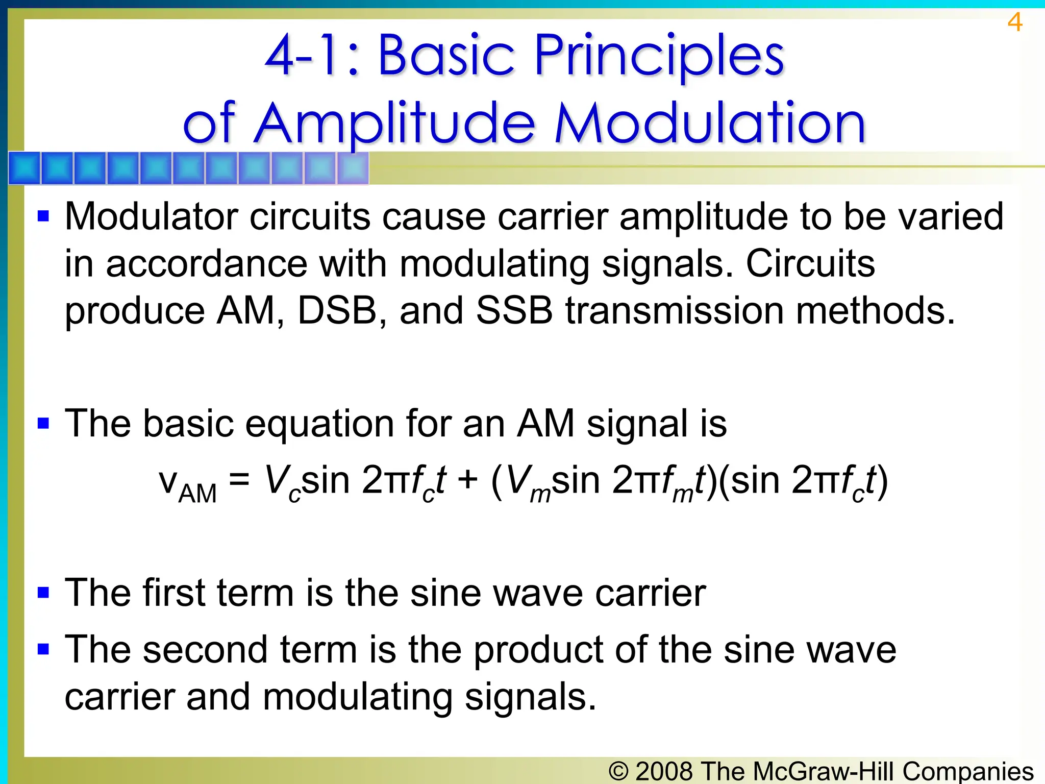 © 2008 The McGraw-Hill Companies
4
4-1: Basic Principles
of Amplitude Modulation
▪ Modulator circuits cause carrier amplitude to be varied
in accordance with modulating signals. Circuits
produce AM, DSB, and SSB transmission methods.
▪ The basic equation for an AM signal is
νAM = Vcsin 2πfct + (Vmsin 2πfmt)(sin 2πfct)
▪ The first term is the sine wave carrier
▪ The second term is the product of the sine wave
carrier and modulating signals.
 