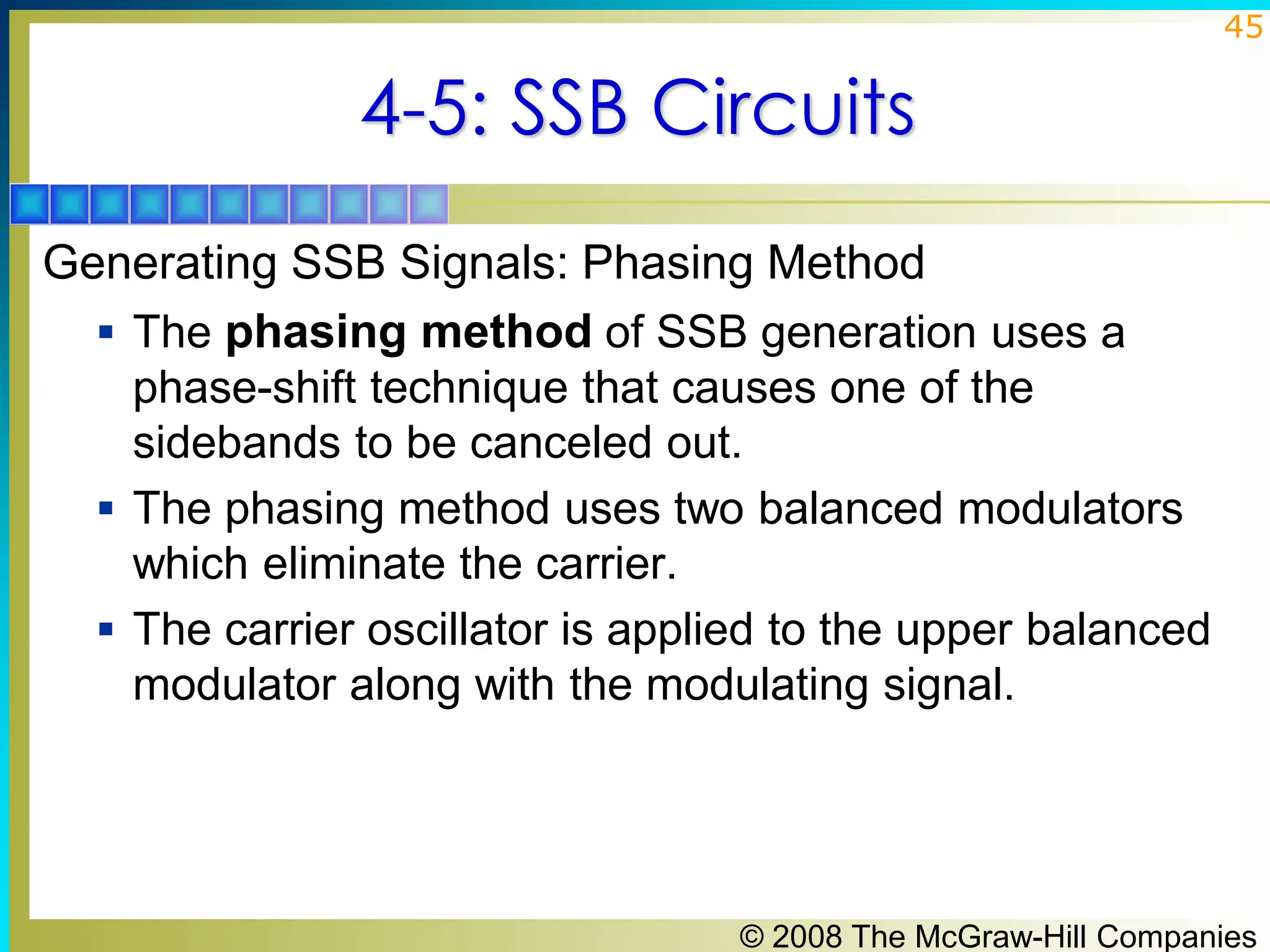 © 2008 The McGraw-Hill Companies
45
4-5: SSB Circuits
Generating SSB Signals: Phasing Method
▪ The phasing method of SSB generation uses a
phase-shift technique that causes one of the
sidebands to be canceled out.
▪ The phasing method uses two balanced modulators
which eliminate the carrier.
▪ The carrier oscillator is applied to the upper balanced
modulator along with the modulating signal.
 