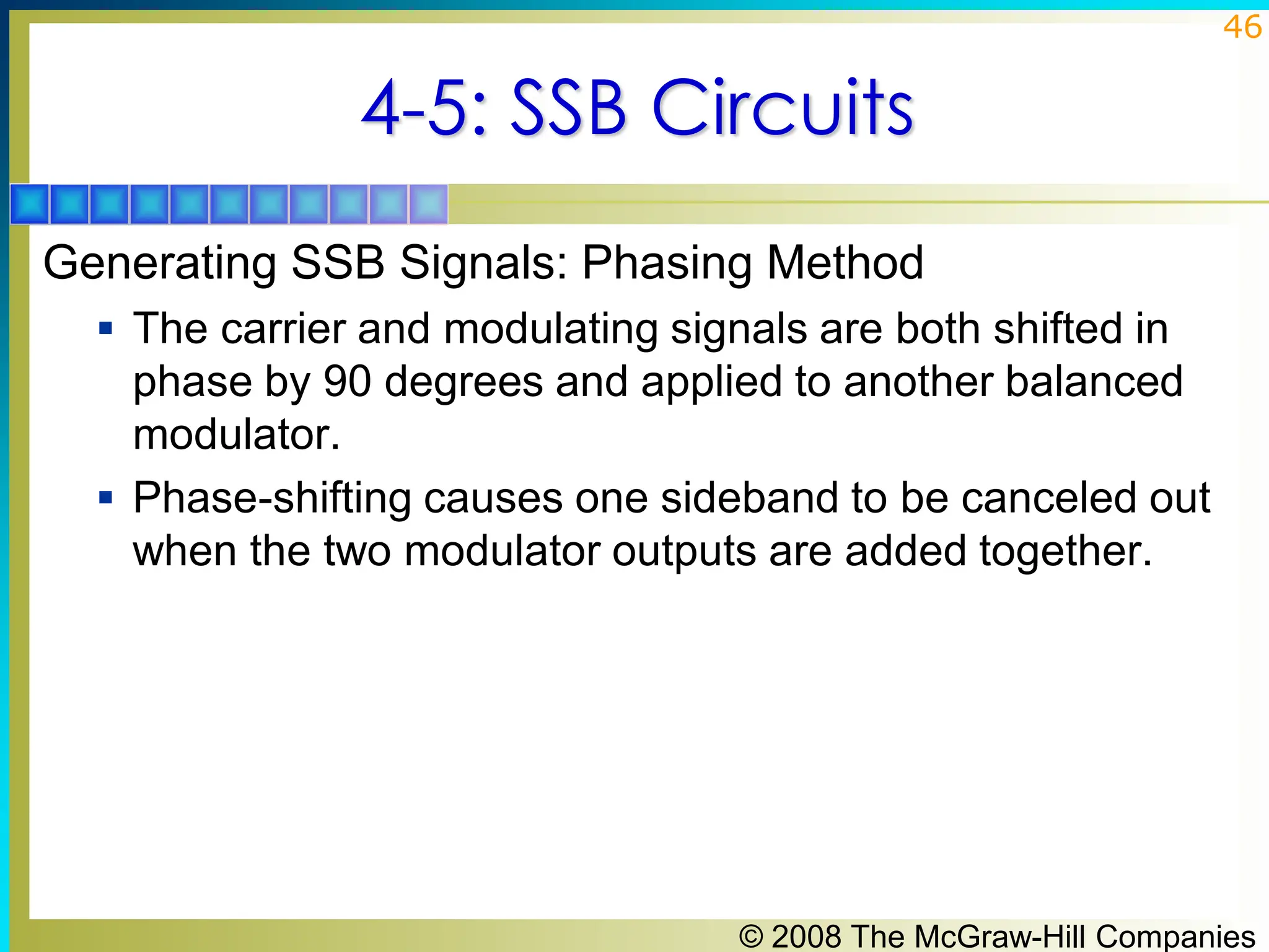 © 2008 The McGraw-Hill Companies
46
4-5: SSB Circuits
Generating SSB Signals: Phasing Method
▪ The carrier and modulating signals are both shifted in
phase by 90 degrees and applied to another balanced
modulator.
▪ Phase-shifting causes one sideband to be canceled out
when the two modulator outputs are added together.
 
