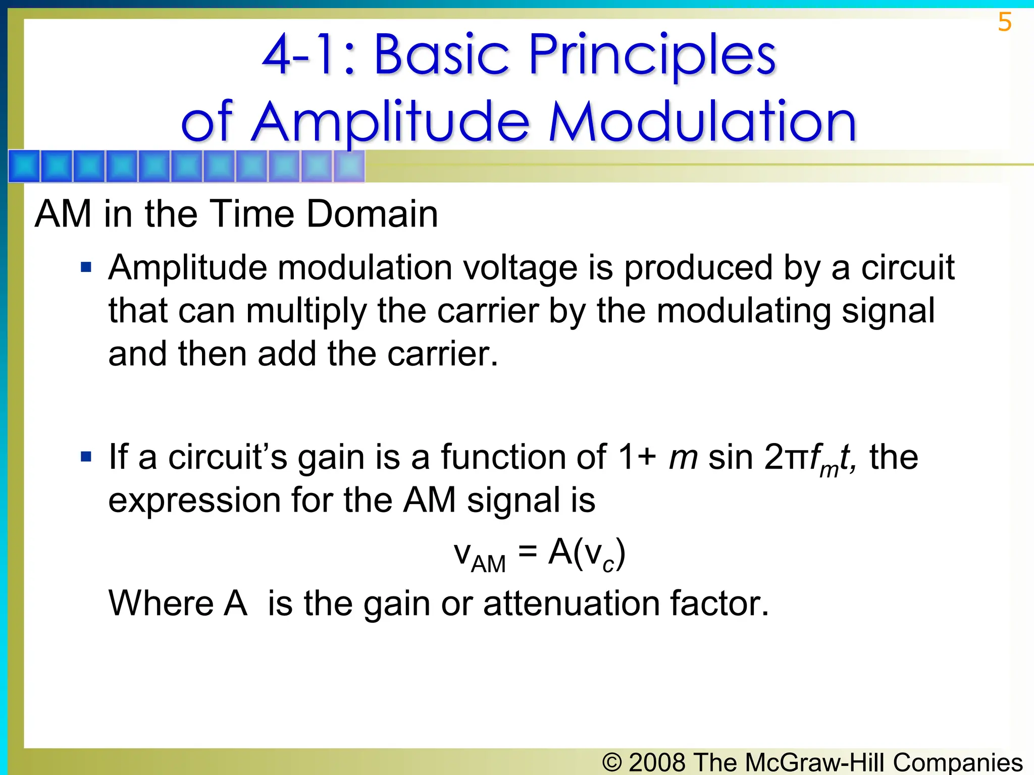 © 2008 The McGraw-Hill Companies
5
4-1: Basic Principles
of Amplitude Modulation
AM in the Time Domain
▪ Amplitude modulation voltage is produced by a circuit
that can multiply the carrier by the modulating signal
and then add the carrier.
▪ If a circuit’s gain is a function of 1+ m sin 2πfmt, the
expression for the AM signal is
νAM = A(νc)
Where A is the gain or attenuation factor.
 