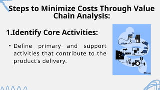 Steps to Minimize Costs Through Value
Chain Analysis:
• Define primary and support
activities that contribute to the
product’s delivery.
1.Identify Core Activities:
 