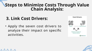 Steps to Minimize Costs Through Value
Chain Analysis:
• Apply the seven cost drivers to
analyze their impact on specific
activities.
3. Link Cost Drivers:
 
