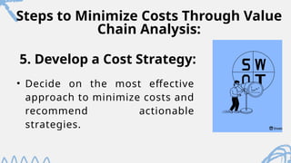 Steps to Minimize Costs Through Value
Chain Analysis:
• Decide on the most effective
approach to minimize costs and
recommend actionable
strategies.
5. Develop a Cost Strategy:
 