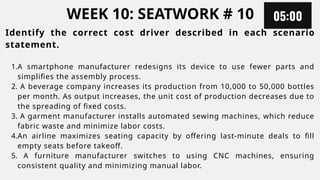 WEEK 10: SEATWORK # 10
Identify the correct cost driver described in each scenario
statement.
1.A smartphone manufacturer redesigns its device to use fewer parts and
simplifies the assembly process.
2. A beverage company increases its production from 10,000 to 50,000 bottles
per month. As output increases, the unit cost of production decreases due to
the spreading of fixed costs.
3. A garment manufacturer installs automated sewing machines, which reduce
fabric waste and minimize labor costs.
4.An airline maximizes seating capacity by offering last-minute deals to fill
empty seats before takeoff.
5. A furniture manufacturer switches to using CNC machines, ensuring
consistent quality and minimizing manual labor.
 