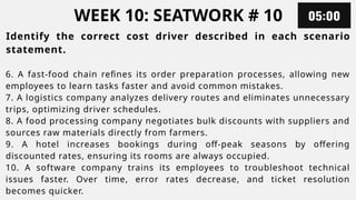 WEEK 10: SEATWORK # 10
Identify the correct cost driver described in each scenario
statement.
6. A fast-food chain refines its order preparation processes, allowing new
employees to learn tasks faster and avoid common mistakes.
7. A logistics company analyzes delivery routes and eliminates unnecessary
trips, optimizing driver schedules.
8. A food processing company negotiates bulk discounts with suppliers and
sources raw materials directly from farmers.
9. A hotel increases bookings during off-peak seasons by offering
discounted rates, ensuring its rooms are always occupied.
10. A software company trains its employees to troubleshoot technical
issues faster. Over time, error rates decrease, and ticket resolution
becomes quicker.
 