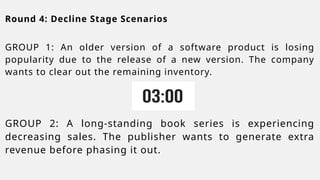 Round 4: Decline Stage Scenarios
GROUP 1: An older version of a software product is losing
popularity due to the release of a new version. The company
wants to clear out the remaining inventory.
GROUP 2: A long-standing book series is experiencing
decreasing sales. The publisher wants to generate extra
revenue before phasing it out.
 