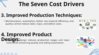 The Seven Cost Drivers
• Mechanization, automation, better raw material efficiency, and
quality control reduce labor, input, and defect costs.
3. Improved Production Techniques:
4. Improved Product
Design:
• Simplifying design reduces production stages and input
costs while enhancing quality and aiding automation.
 