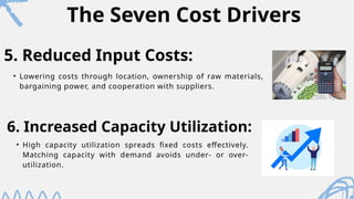 The Seven Cost Drivers
• Lowering costs through location, ownership of raw materials,
bargaining power, and cooperation with suppliers.
5. Reduced Input Costs:
6. Increased Capacity Utilization:
• High capacity utilization spreads fixed costs effectively.
Matching capacity with demand avoids under- or over-
utilization.
 