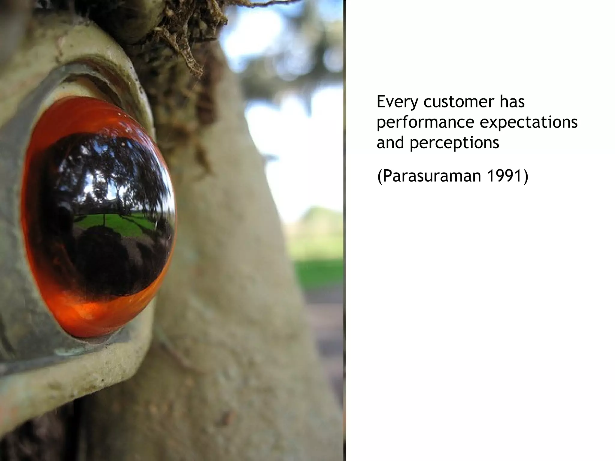 Every customer has
performance expectations
and perceptions
(Parasuraman 1991)
 
