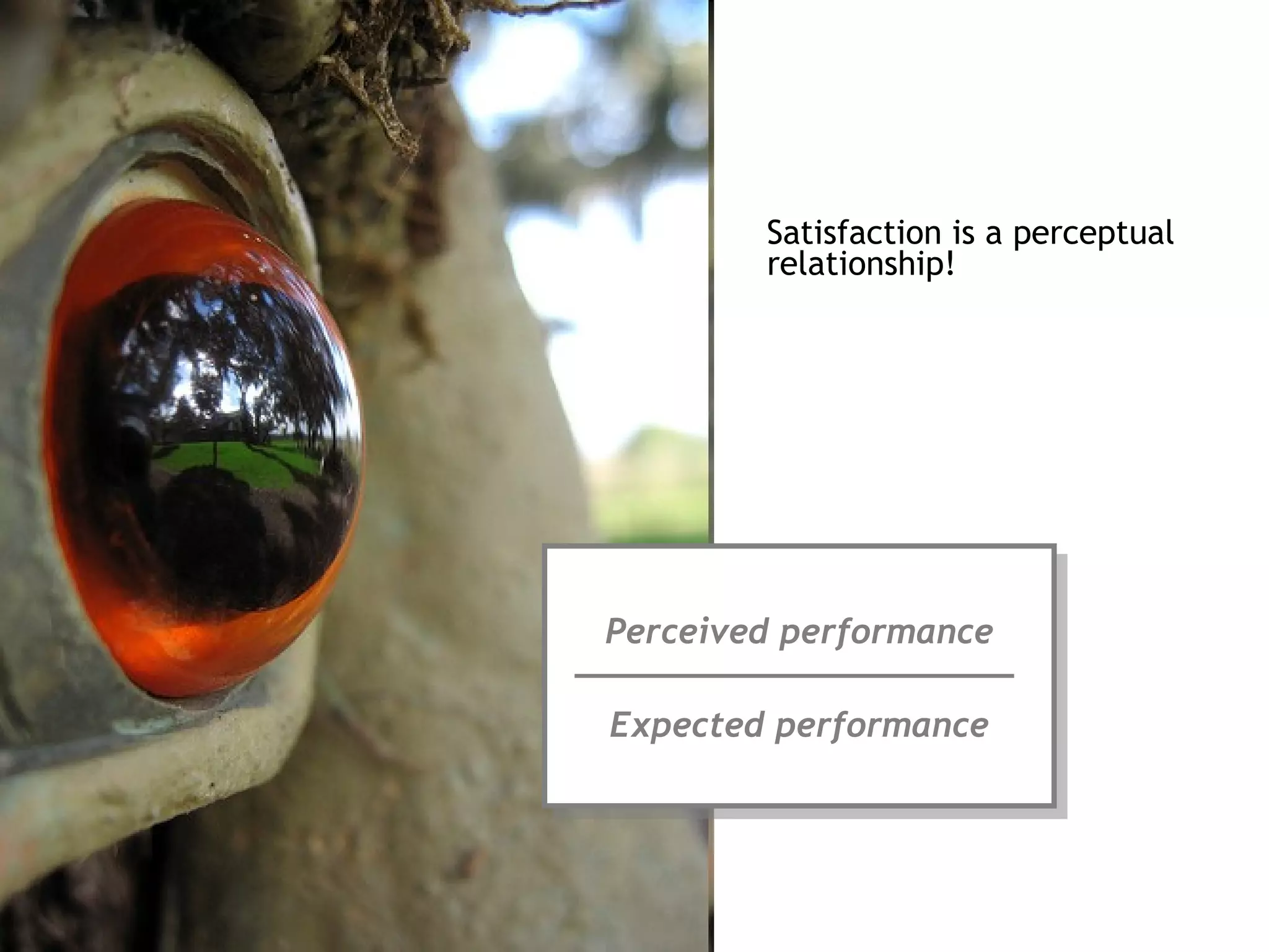 Satisfaction is a perceptual
        relationship!




Perceived performance
 Perceived performance

Expected performance
 Expected performance
 