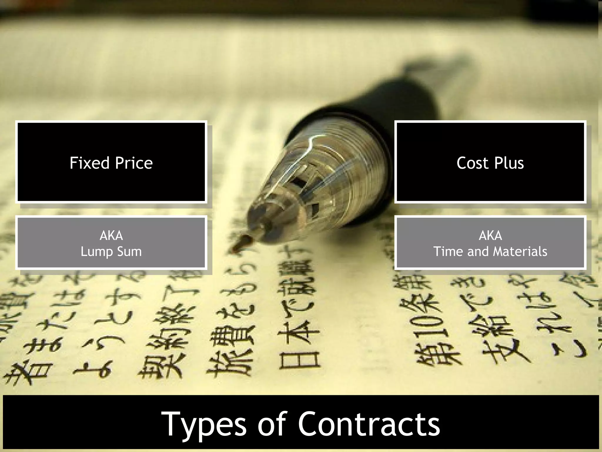 Fixed Price
 Fixed Price                        Cost Plus
                                     Cost Plus


    AKA
     AKA                               AKA
                                        AKA
 Lump Sum
  Lump Sum                      Time and Materials
                                 Time and Materials




               Types of Contracts
 