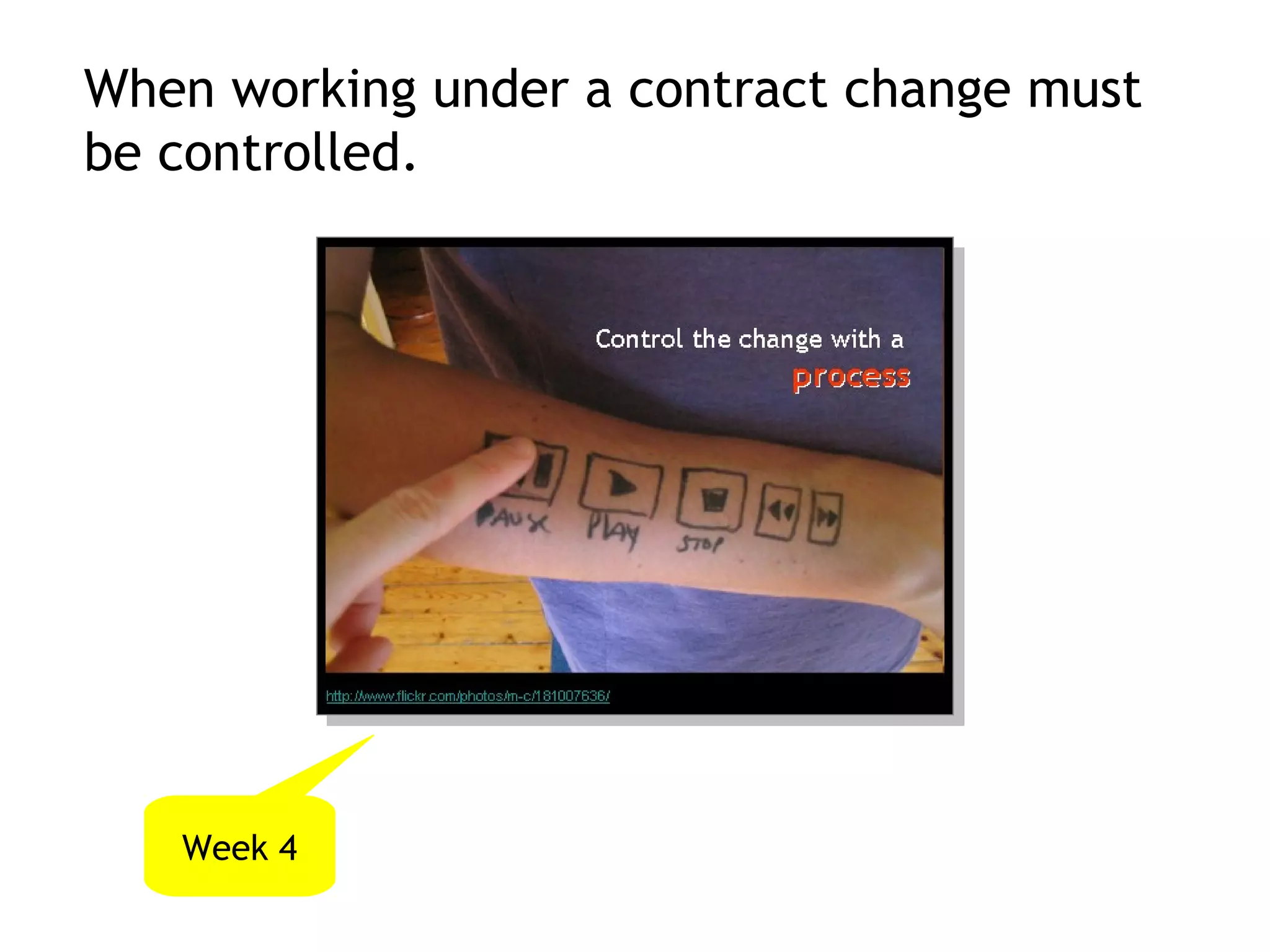 When working under a contract change must
be controlled.




   Week 4
 