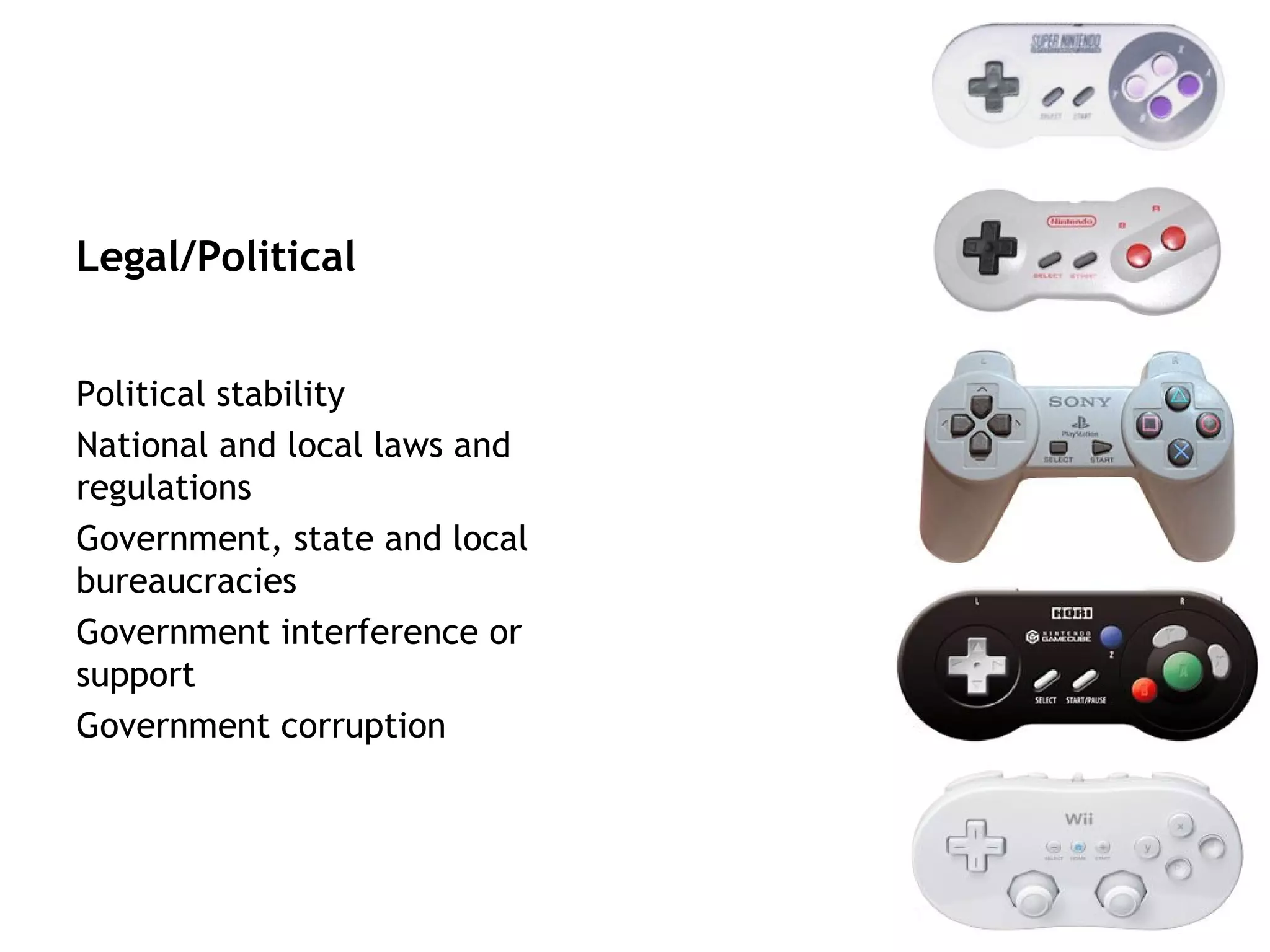 Legal/Political


Political stability
National and local laws and
regulations
Government, state and local
bureaucracies
Government interference or
support
Government corruption
 