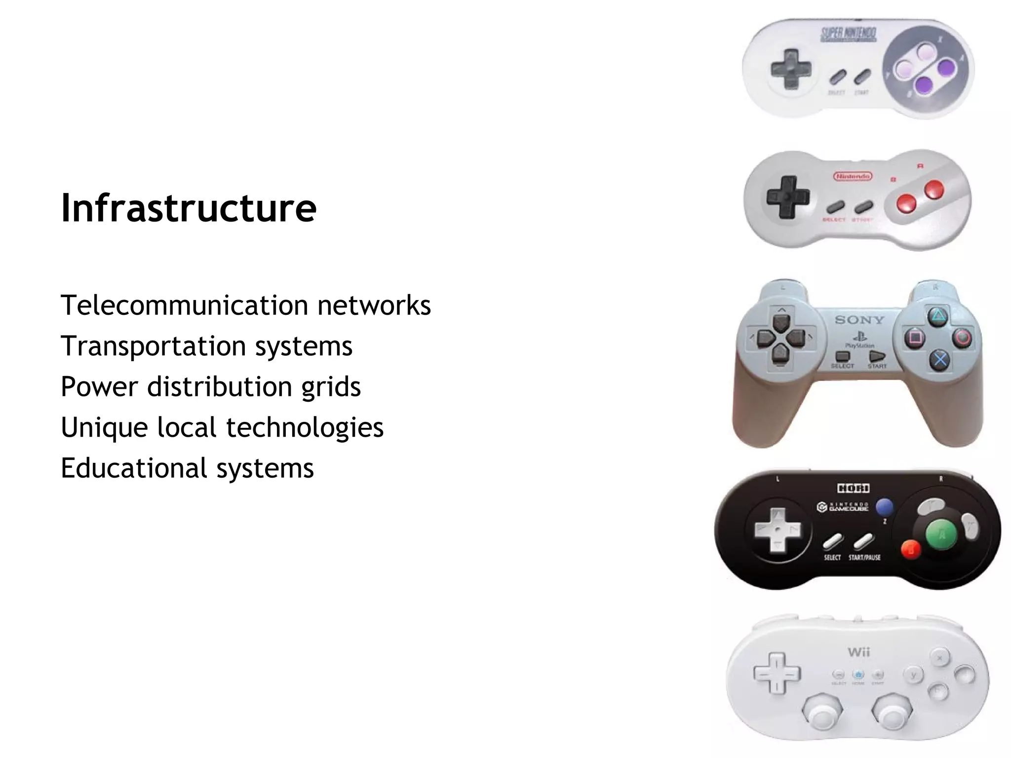 Infrastructure

Telecommunication networks
Transportation systems
Power distribution grids
Unique local technologies
Educational systems
 