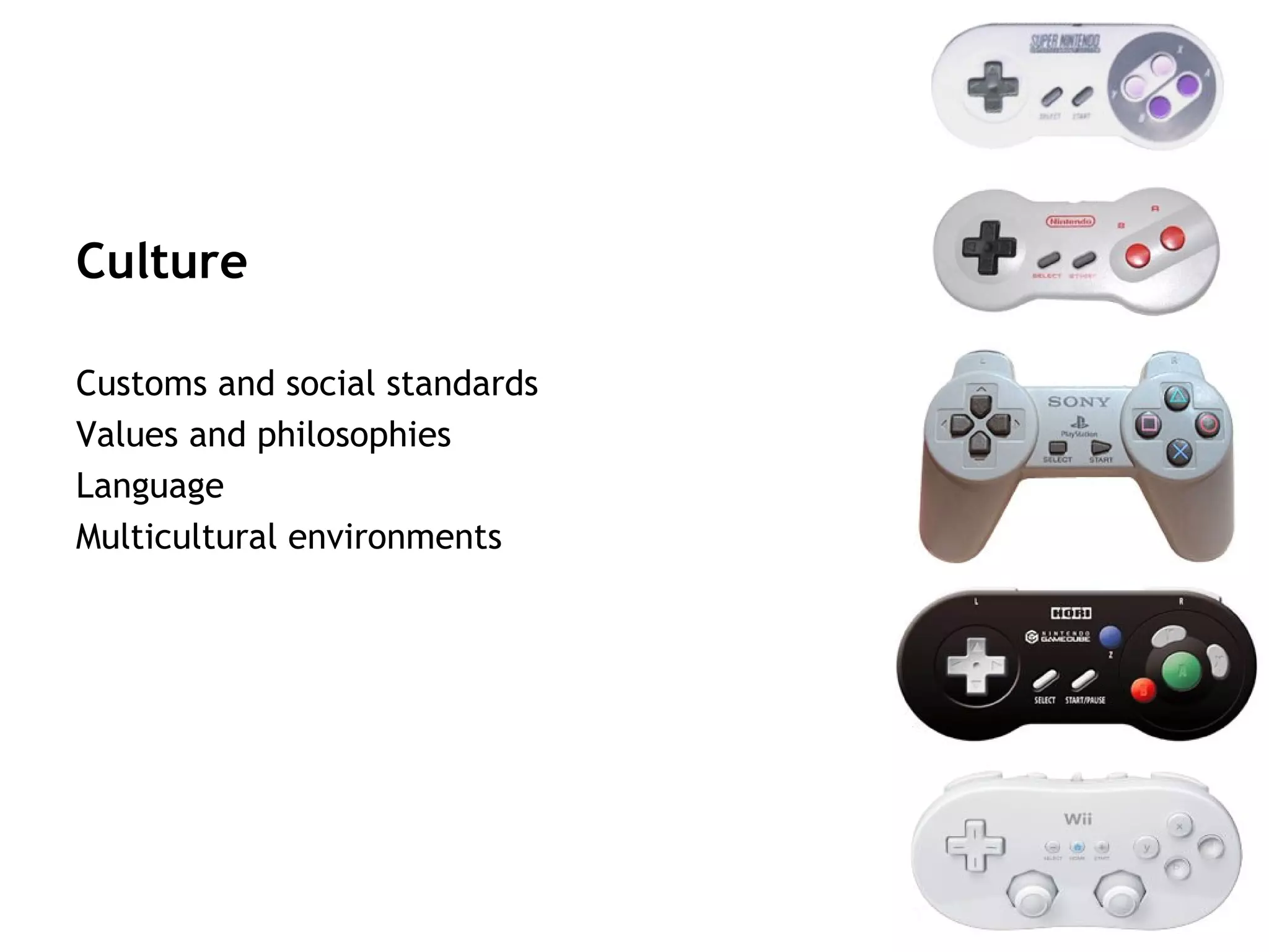 Culture

Customs and social standards
Values and philosophies
Language
Multicultural environments
 