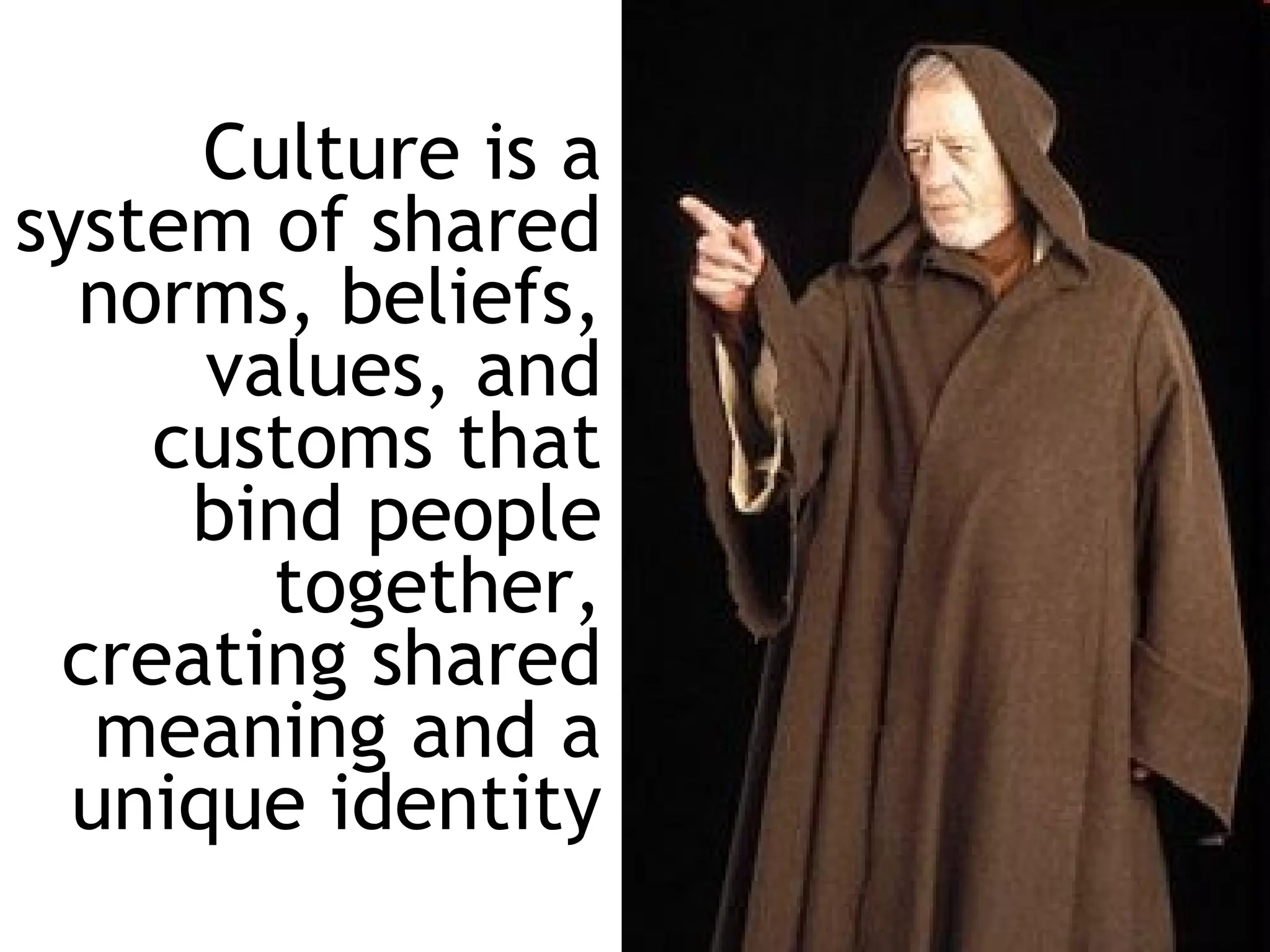 Culture is a
system of shared
  norms, beliefs,
      values, and
    customs that
     bind people
        together,
 creating shared
   meaning and a
  unique identity
 