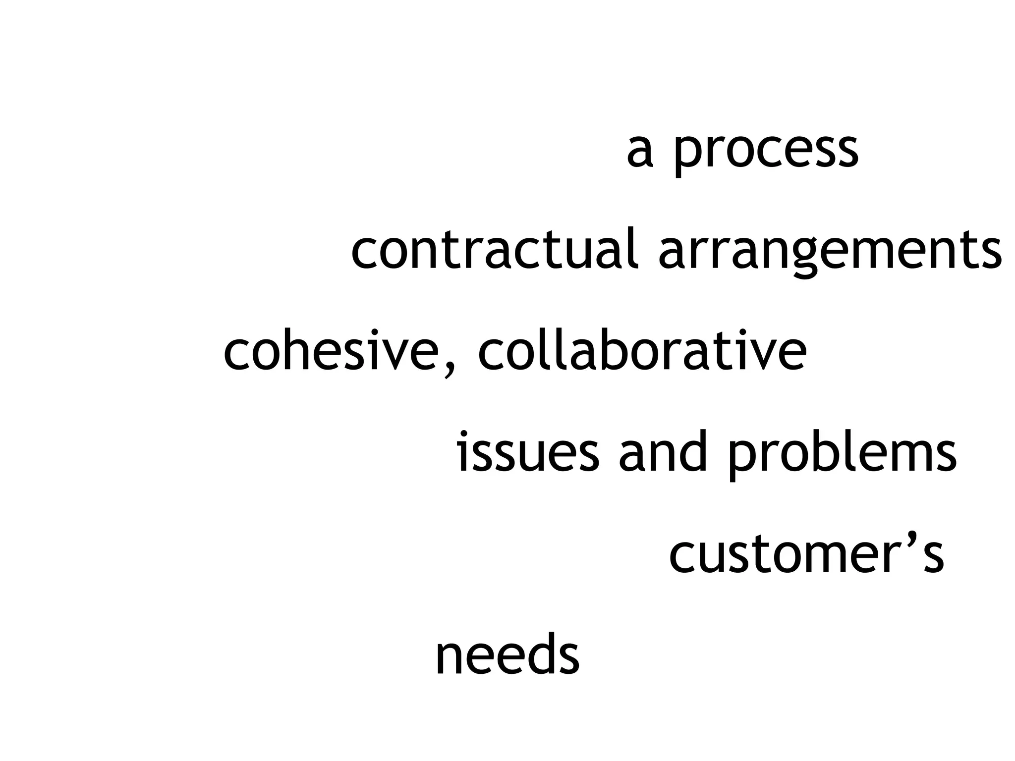 Project Partnering is a process of
transforming contractual arrangements
 into a cohesive, collaborative team
 that deals with issues and problems
  encountered to meet a customer’s
                needs
 