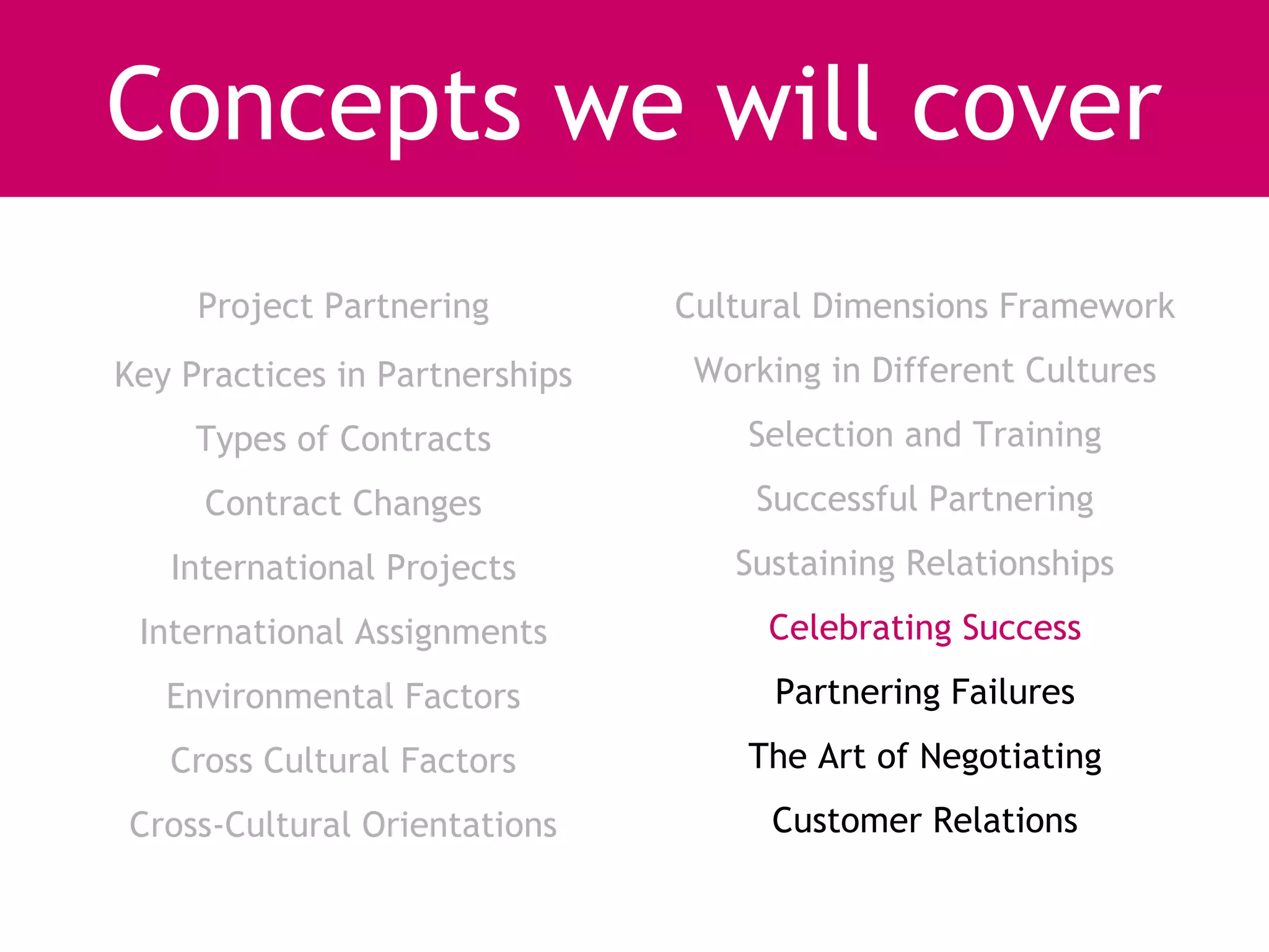 Concepts we will cover
     Project Partnering         Cultural Dimensions Framework
Key Practices in Partnerships    Working in Different Cultures
     Types of Contracts             Selection and Training
     Contract Changes               Successful Partnering
   International Projects          Sustaining Relationships
 International Assignments           Celebrating Success
   Environmental Factors              Partnering Failures
   Cross Cultural Factors           The Art of Negotiating
Cross-Cultural Orientations          Customer Relations
 