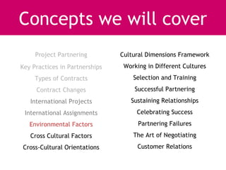 Concepts we will cover
     Project Partnering         Cultural Dimensions Framework
Key Practices in Partnerships    Working in Different Cultures
     Types of Contracts             Selection and Training
     Contract Changes               Successful Partnering
   International Projects          Sustaining Relationships
 International Assignments           Celebrating Success
   Environmental Factors              Partnering Failures
   Cross Cultural Factors           The Art of Negotiating
Cross-Cultural Orientations          Customer Relations
 