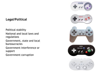 Legal/Political


Political stability
National and local laws and
regulations
Government, state and local
bureaucracies
Government interference or
support
Government corruption
 