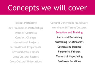 Concepts we will cover
     Project Partnering         Cultural Dimensions Framework
Key Practices in Partnerships    Working in Different Cultures
     Types of Contracts             Selection and Training
     Contract Changes               Successful Partnering
   International Projects          Sustaining Relationships
 International Assignments           Celebrating Success
   Environmental Factors              Partnering Failures
   Cross Cultural Factors           The Art of Negotiating
Cross-Cultural Orientations          Customer Relations
 