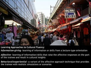 Learning Approaches to Cultural Fluency
Information-giving—learning of information or skills from a lecture-type orientation
Affective—learning of information/skills that raise the affective responses on the part
of the trainee and result in cultural insights
Behavioral/experiential—a variant of the affective approach technique that provides
the trainee with realistic simulations or scenarios
 