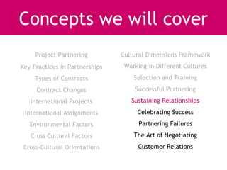 Concepts we will cover
     Project Partnering         Cultural Dimensions Framework
Key Practices in Partnerships    Working in Different Cultures
     Types of Contracts             Selection and Training
     Contract Changes               Successful Partnering
   International Projects          Sustaining Relationships
 International Assignments           Celebrating Success
   Environmental Factors              Partnering Failures
   Cross Cultural Factors           The Art of Negotiating
Cross-Cultural Orientations          Customer Relations
 