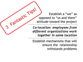 ips!
                        T            Establish a “we” as
                st ic        opposed to “us and them”
         n ta               attitude toward the project
    Fa
3                         Co-location: employees from
                          different organizations work
                              together in same location
                          Establish mechanisms that will
                                 ensure the relationship
                                    withstands problems
 