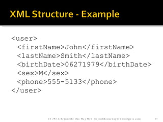 <user> <firstName>John</firstName> <lastName>Smith</lastName> <birthDate>06271979</birthDate> <sex>M</sex> <phone>555-5133</phone> </user> CS 292-1: Beyond the One Way Web  (beyondtheonewayweb.wordpress.com) 