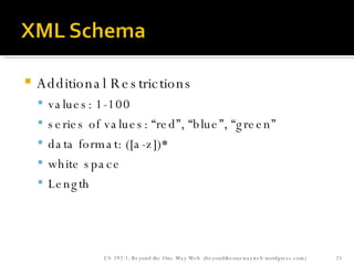 Additional Restrictions values: 1-100 series of values: “red”, “blue”, “green” data format: ([a-z])* white space Length CS 292-1: Beyond the One Way Web  (beyondtheonewayweb.wordpress.com) 