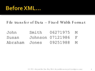 File transfer of Data – Fixed Width Format John  Smith  06271975  M Susan  Johnson 07121986  F Abraham  Jones  09251988  M CS 292-1: Beyond the One Way Web  (beyondtheonewayweb.wordpress.com) 