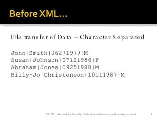 File transfer of Data – Character Separated John|Smith|06271979|M Susan|Johnson|07121986|F Abraham|Jones|09251988|M Billy-Jo|Christenson|10111987|M CS 292-1: Beyond the One Way Web  (beyondtheonewayweb.wordpress.com) 