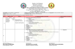 Republic of the Philippines
Department of Education
National Capital Region
Division of Taguig and Pateros
PRES. DIOSDADO MACAPAGAL HIGH SCHOOL
Signal Village National High School- Annex
8th
Street, Barangay Katuparan, GHQ Village, Taguig City
Tel No: 838-56428
TEACHER: MRS. AMIE D. CANDELARIA
QUARTER: 1ST QUARTER (1st
SEMESTER) GRADE LEVEL: GRADE 11 – Ruby M/T 11:30-12:30, WTh 12:30- 1:30; Emerald M/T 12:20-1:30, WTh 1:30-2:30
WEEK: WEEK 11 (Nov. 2 - 4, 2022) LEARNING AREA: GENERAL MATHEMATICS
MELC/s: The learner demonstrates understanding of key concepts of logarithmic functions.
DAY OBJECTIVES TOPIC/s CLASSROOM-BASED ACTIVITIES HOME-BASED ACTIVITIES
3
The learners will
represents real-life
situations using
logarithmic
functions
Representation of
logarithmic function.
Equation and Inequality
A. Subject Matter: Representation oof Function
a. Reference:
b. Materials: Test Paper
c. Value Integration: The art of staying focused, honesty and time-consciousness.
B. Routinary Activities
1. Greetings/Prayer
2. Checking of Attendance/Mental Check
3. Cleanliness and classroom health rules and protocols
4. Checking of Assignment (if any)
C. Review
D. Motivation
E. Discussion of Concepts
F. Application
G. Generalization
H. Evaluation
Periodic Exam
I. Assignment:
4
A. Subject Matter: Properties and Laws of Logarithmic Function
a. Reference: General Mathematics Module, GM Books
b. Materials: PowerPoint Presentation, whiteboard marker and whiteboard
c. Value Integration: Patience The art of staying focused and courage to engage in discussion. Time-Consciousness.
B. Routinary Activities
1. Greetings/Prayer
2. Checking of Attendance/Mental Check
3. Cleanliness and classroom health rules and protocols
4. Checking of Assignment (if any)
C. Review
D. Motivation
E. Discussion of Concepts
F. Application
G. Generalization
H. Evaluation
Checking of Test Paper / Correct Response
I. Assignment:
PREPARED BY: CHECKED BY: RECORDED BY:
MRS. AMIE D. CANDELARIA MRS. BRIGITTE G. GAGARIN MRS. NARIZA JANE B. TAMUNDONG
General Mathematics Teacher Mathematics Department Coordinator Academic School Head
 