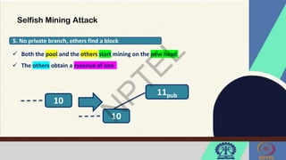 Selfish Mining Attack
5. No private branch, others find a block
 Both the pool and the others start mining on the new head
 The others obtain a revenue of one
10
10
11pub
 