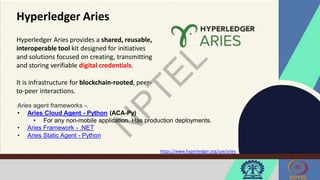 Hyperledger Aries
Hyperledger Aries provides a shared, reusable,
interoperable tool kit designed for initiatives
and solutions focused on creating, transmitting
and storing verifiable digital credentials.
It is infrastructure for blockchain-rooted, peer-
to-peer interactions.
Aries agent frameworks -.
• Aries Cloud Agent - Python (ACA-Py)
• For any non-mobile application. Has production deployments.
• Aries Framework - .NET
• Aries Static Agent - Python
https://www.hyperledger.org/use/aries
 