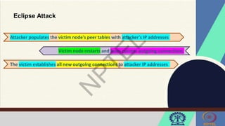 Eclipse Attack
Attacker populates the victim node's peer tables with attacker's IP addresses
The victim establishes all new outgoing connections to attacker IP addresses
Victim node restarts and loses current outgoing connections
 