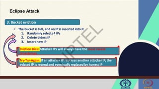 Eclipse Attack
3. Bucket eviction
 The bucket is full, and an IP is inserted into it
1. Randomly selects 4 IPs
2. Delete oldest IP
3. Insert new IP
Eviction Bias: Attacker IPs will always have the most recent
timestamps
Try-Try-Again: If an attacker IP replaces another attacker IP, the
evicted IP is resend and eventually replaced by honest IP
 