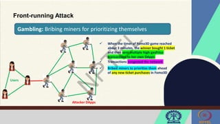 Front-running Attack
Gambling: Bribing miners for prioritizing themselves
 When the timer of Fomo3D game reached
about 3 minutes, the winner bought 1 ticket
and then sent multiple high gasPrice
transactions to her own DApps
 Transactions congested the network
 Bribed miners to prioritize them ahead
of any new ticket purchases in Fomo3D
Attacker DApps
Users
 