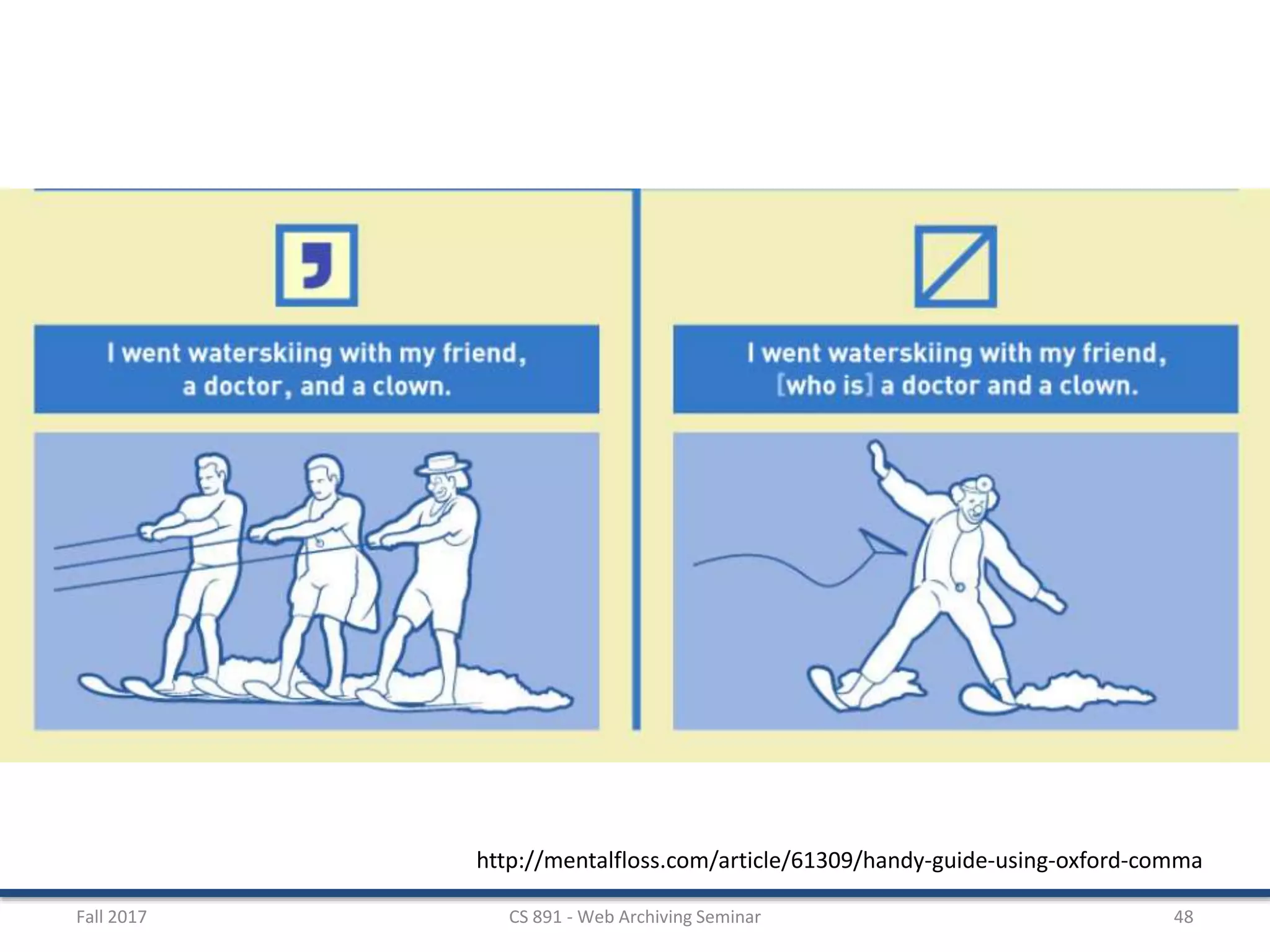 Fall 2017 CS 891 - Web Archiving Seminar 48
http://mentalfloss.com/article/61309/handy-guide-using-oxford-comma
 