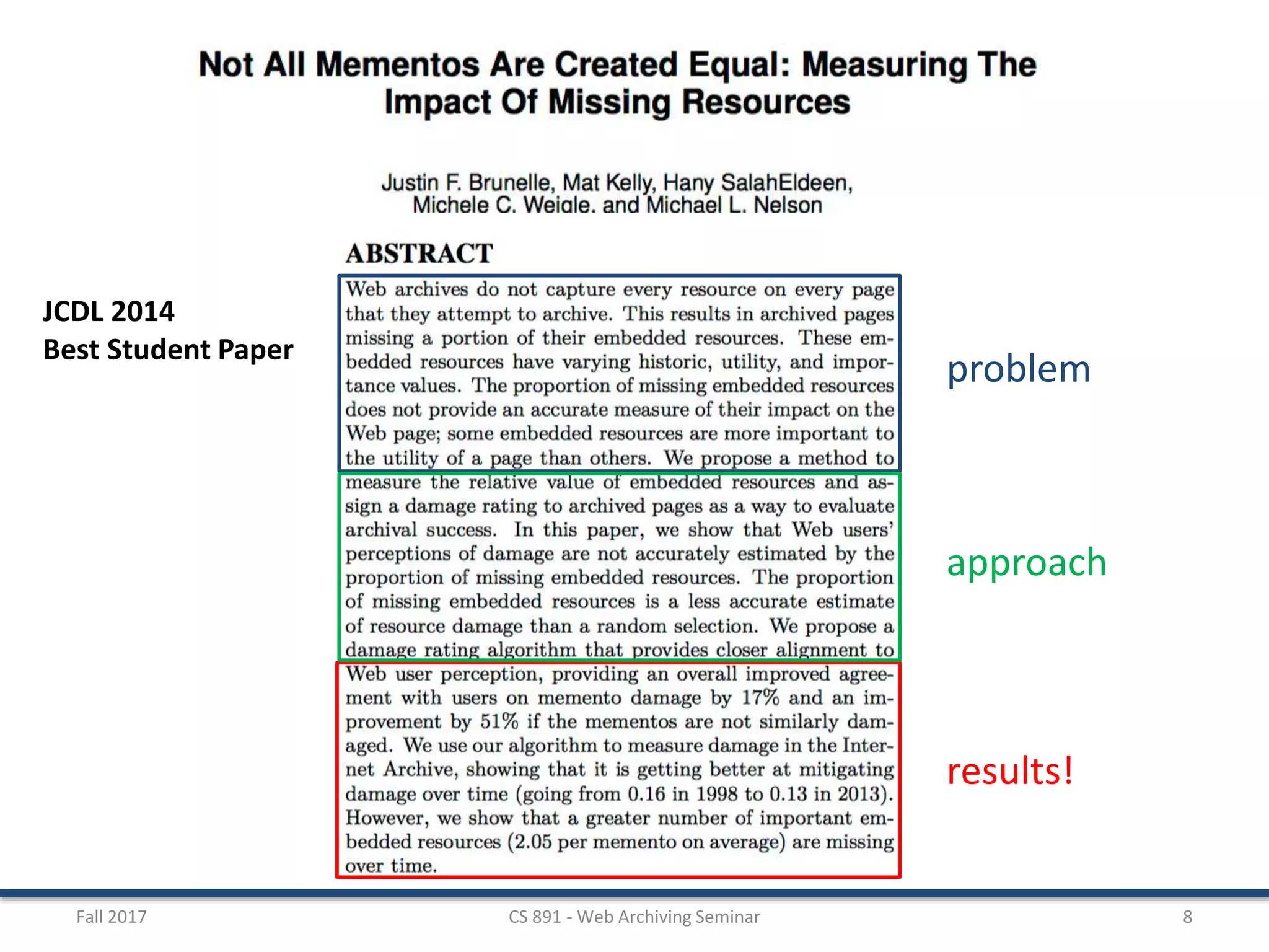 Fall 2017 CS 891 - Web Archiving Seminar 8
JCDL 2014
Best Student Paper
results!
problem
approach
 