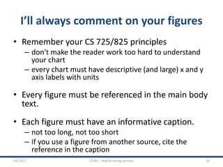 I’ll always comment on your figures
• Remember your CS 725/825 principles
– don't make the reader work too hard to understand
your chart
– every chart must have descriptive (and large) x and y
axis labels with units
• Every figure must be referenced in the main body
text.
• Each figure must have an informative caption.
– not too long, not too short
– if you use a figure from another source, cite the
reference in the caption
Fall 2017 CS 891 - Web Archiving Seminar 20
 