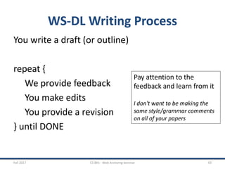 WS-DL Writing Process
You write a draft (or outline)
repeat {
We provide feedback
You make edits
You provide a revision
} until DONE
Fall 2017 CS 891 - Web Archiving Seminar 43
Pay attention to the
feedback and learn from it
I don't want to be making the
same style/grammar comments
on all of your papers
 