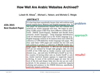 Fall 2017 CS 891 - Web Archiving Seminar 9
JCDL 2015
Best Student Paper
results!
problem
approach
 