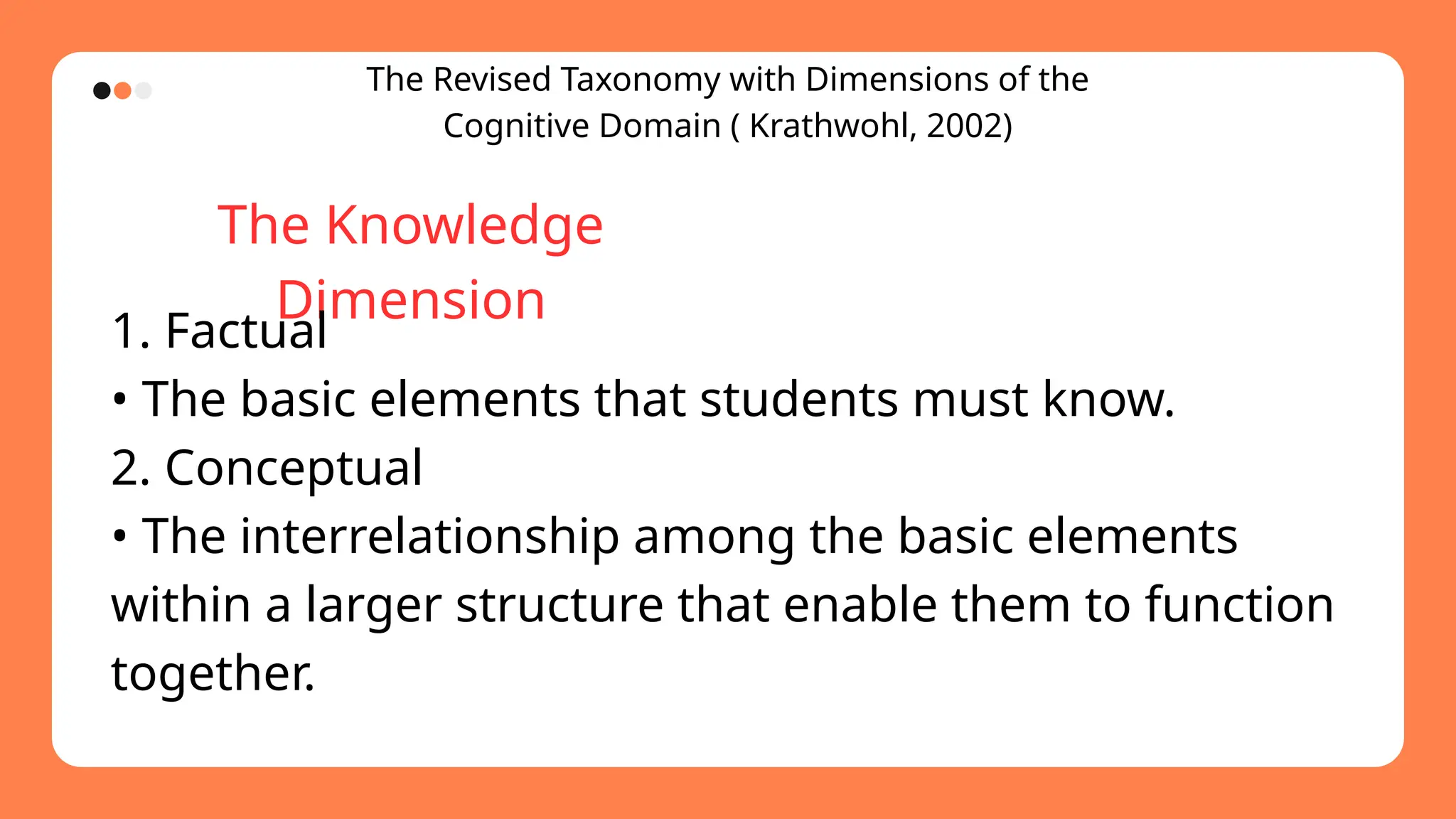 The Revised Taxonomy with Dimensions of the
Cognitive Domain ( Krathwohl, 2002)
The Knowledge
Dimension
1. Factual
• The basic elements that students must know.
2. Conceptual
• The interrelationship among the basic elements
within a larger structure that enable them to function
together.
 