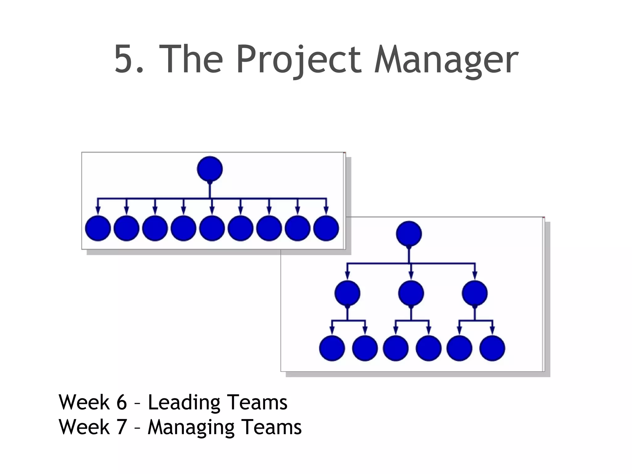 5. The Project Manager Week 6 – Leading Teams Week 7 – Managing Teams 
