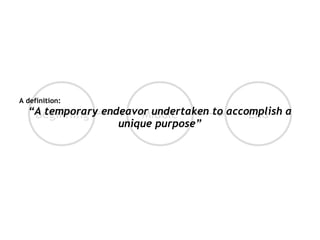 A definition: “ A temporary endeavor undertaken to accomplish a unique purpose” Beginning Middle End 