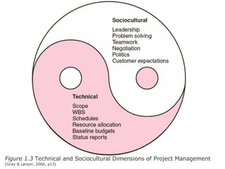 Figure 1.3  Technical and Sociocultural Dimensions of Project Management (Gray & Larson, 2006, p13) 