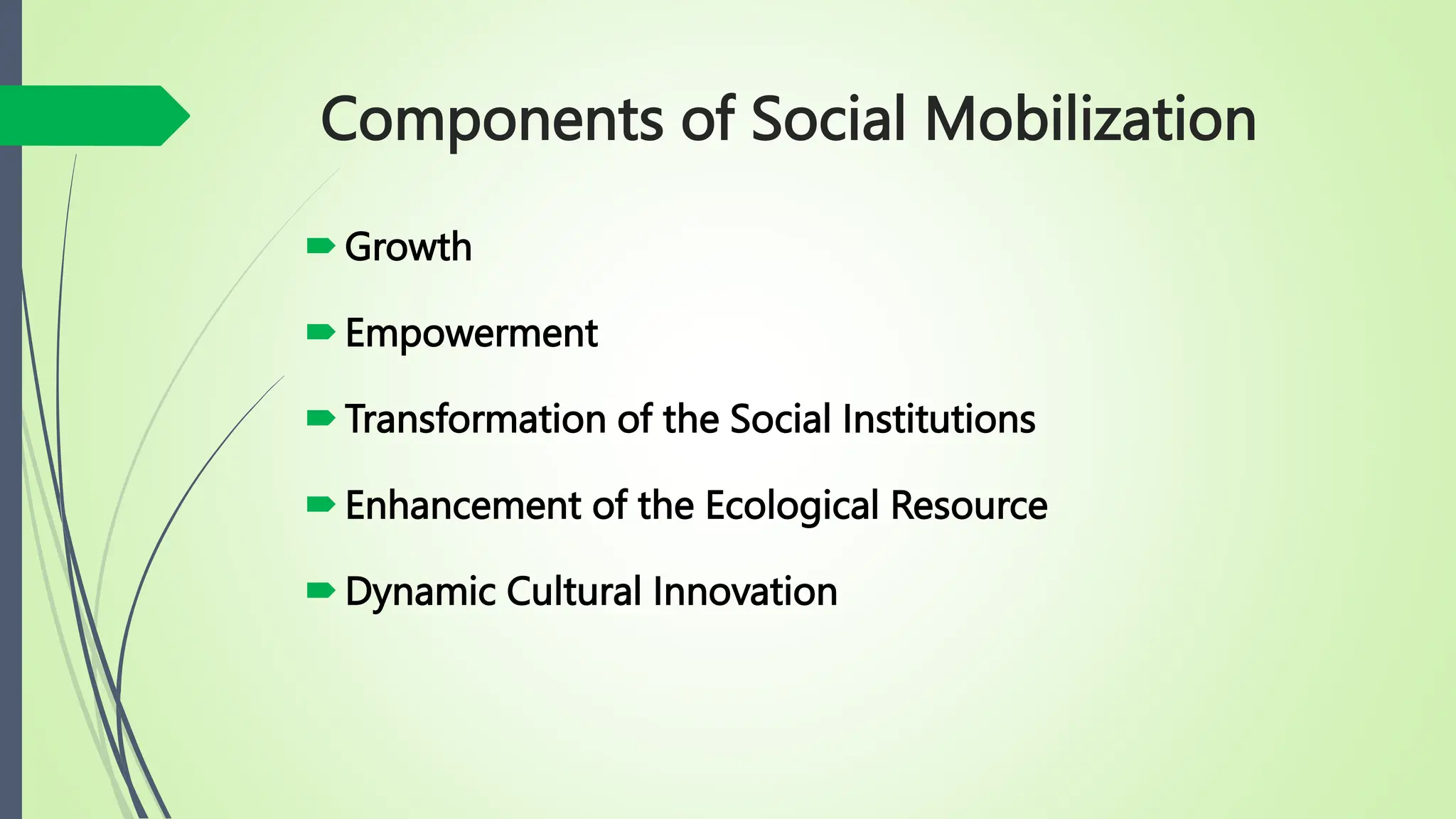 Components of Social Mobilization
Growth
Empowerment
Transformation of the Social Institutions
Enhancement of the Ecological Resource
Dynamic Cultural Innovation
 